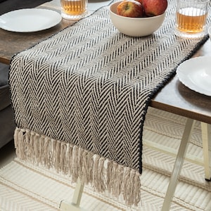 Handmade, handwoven textured cotton linen table runner . Decorative table linen Boho chevron natural modern contemporary dining linen.