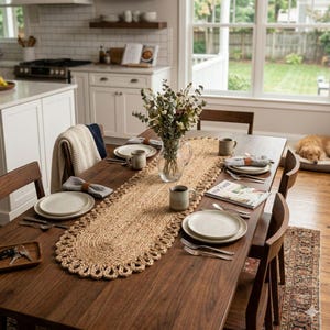 May include: A long, oval-shaped jute table runner with a braided loop border centred on a dark wood dining table. The table is set with white ceramic plates, grey napkins with leather rings, ceramic mugs, silverware, and a glass vase of flowers.