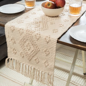 Handmade, handwoven textured cotton linen table runner . Decorative table linen Boho chevron natural modern contemporary dining linen.