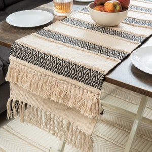 Handmade, handwoven textured cotton linen table runner . Decorative table linen Boho chevron natural modern contemporary dining linen.