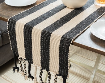 Handwoven Cotton Linen Table Runner: Boho Chevron Dining Decor