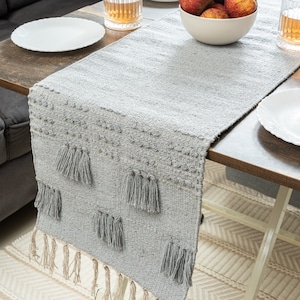 Handmade, handwoven textured cotton linen table runner . Decorative table linen Boho chevron natural modern contemporary dining linen.