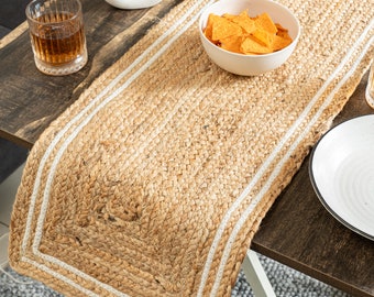 Tosleo Natural Jute Braided Table Runner – 13x72 Inches With Beige Lace, Farmhouse Rustic Decor