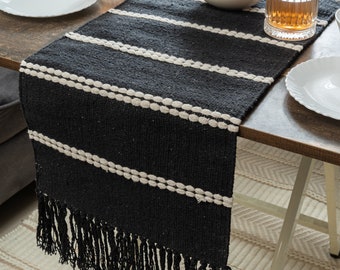 Handwoven Cotton Linen Table Runner: Boho Chevron with Fringe