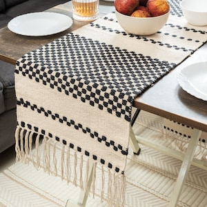 Handmade, handwoven textured cotton linen table runner . Decorative table linen Boho chevron natural modern contemporary dining linen.