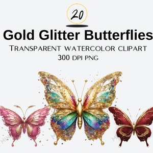 20 Gold Glitter Butterflies PNG Clipart Pack - Red, Blue, Pink, Mixed Color Butterflies - Instant download for commercial use - 300 DPI PNG