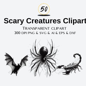 Enge wezens SVG PNG-bundel, enge dieren SVG, Tarantula, Bat, Black Widow, Rat, Piranha, Cobra, Kakkerlak, Killer Bee, Schorpioen, Slangen