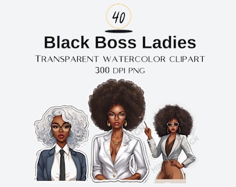 40 Boss Babe Sticker Clipart | Black Girl Magic| Clipart Bundle Set | Boss woman | Fashion Illustration Planner | Lady Boss | Office Girl