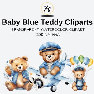70 Aquarell Baby Teddybär Clipart Set 300 DPI | Transparente PNG | Blaues Flugzeug Ballons | Babyparty für einen Jungen | Kommerzielle Nutzung |
