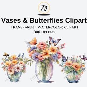 Set mit 70 Blumen in Vase mit Schmetterlingen und Bienen - Hochwertige PNGs - Transparente PNGs - Kartenherstellung, Mischtechnik, digitales Papiermodell
