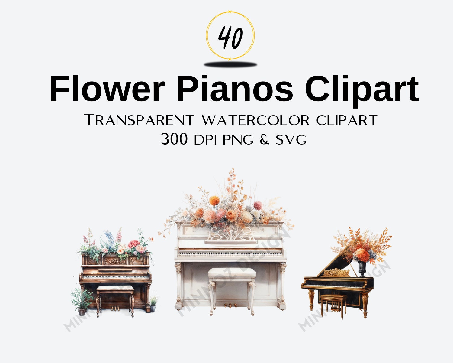 Pianos aquarelle avec fleurs PNG SVG Clipart - Piano blanc, Piano noir, Piano doré, Piano Woden - Claviers de piano - Téléchargement instantané SVG