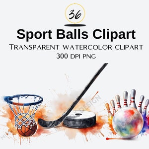 Puede incluir: Clipart de acuarela de una pelota de baloncesto, un disco de hockey y una bola de bolos. La pelota de baloncesto está en un aro, el disco de hockey está en un palo y la bola de bolos está rodeada de bolos. El fondo es una acuarela de color naranja, amarillo y azul.