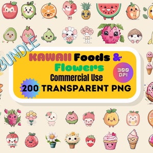 200 Kawaii Clipart Früchte Blumen Lebensmittel Bündel 300 DPI Kawaii Transparent PNG Grafiken Niedliche Bilder Digital Kommerzielle Nutzung Mega Pack
