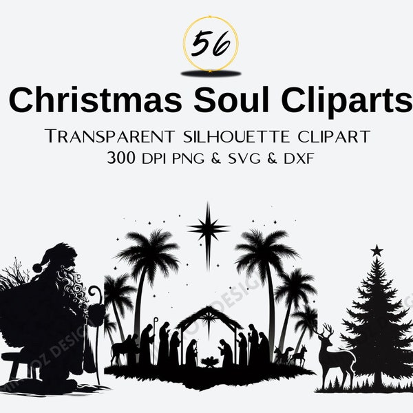 Christmas Soul Transparent Silhouettes, Santa Claus, Deer, Christmas Tree, Snowflakes, Candles, Christmas Ornaments, Nativity Scene 300 DPI