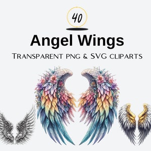 40 Asas de Anjo, Pacote de Clipart, Asas SVG PNG, Sublimação Svg Png, Adesivos de Planejador, Desenho a Lápis Asas de Anjo Svg Png, Uso Comercial