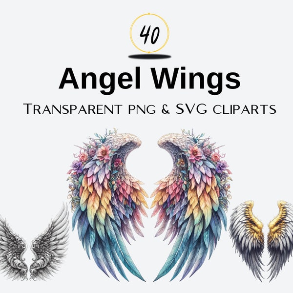40 Angel Wings, Clipart Bundle, Wings SVG PNG, Sublimation Svg Png, Planner Stickers, Pencil Drawing Angel Wings Svg Png, Commercial Use