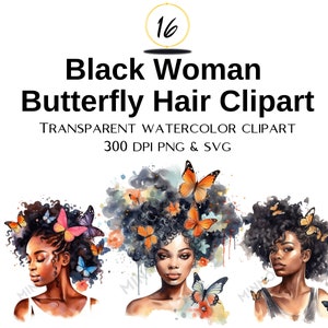 Può includere: Tre illustrazioni digitali di donne nere con capelli a forma di farfalla. Le donne hanno la pelle marrone e i capelli scuri. Le farfalle sono di vari colori, tra cui arancione, blu e rosa. Lo sfondo è un acquerello di blu, rosa e arancione.