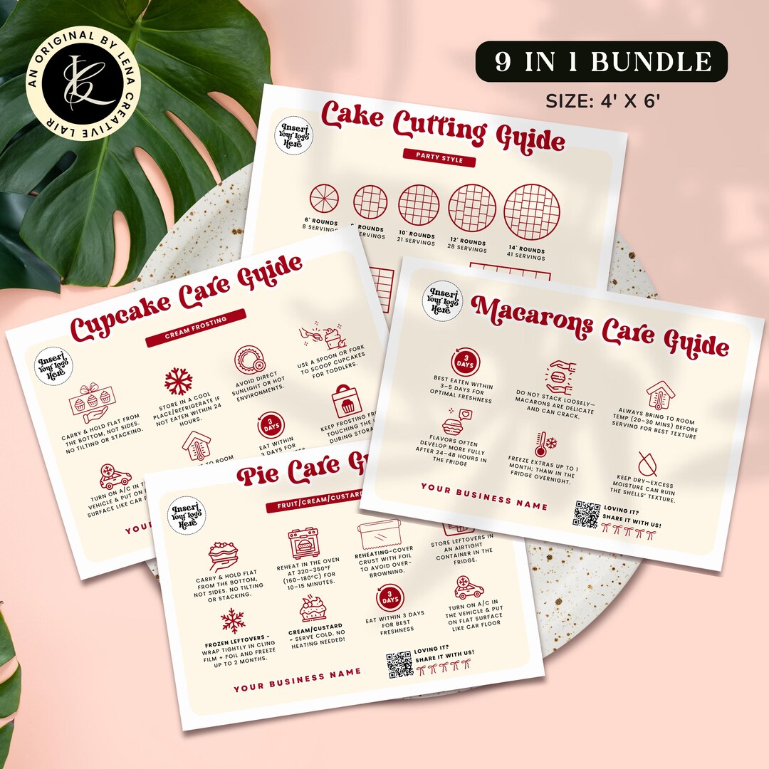 Bakery Cake Care Card Bundle, Cutting Guide (editable Canva Template ...