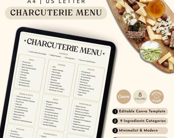 Charcuterie-Menü, Grazing Table Order Catering-Menü, Käsebrett-Menü, Graze Table Menü, Charcuterie Mobile Cart, bearbeitbare Canva Vorlage