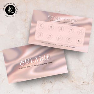 May include: Two pink and rose gold Solarié loyalty cards. One card reads "Loyalty Card" and "Get a 30% discount on your 10th treatment." The other card reads "SOLARIÉ BECAUSE PRETTY NAILS DESERVE PERKS."