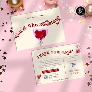Tarjeta de agradecimiento Coquette, color rosa y rojo, para jefas, pequeñas empresas, insertos de empaque, tarjeta de compra imprimible, plantilla editable personalizada de Canva para clientes.