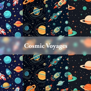 May include: A seamless pattern featuring a variety of space-themed illustrations, including rockets, planets, stars, and galaxies. The pattern is set against a dark blue background and is perfect for use in a variety of creative projects.