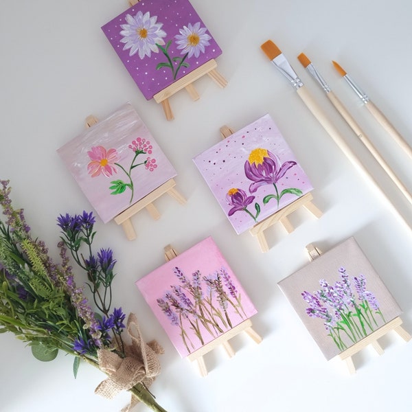 Hand Illustrated Art Gift Wildflower Handmade Floral Art Painting Small Canvas Desk Decor Gift For Mom