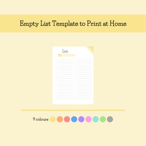 Könnte beinhalten: Eine druckbare Listenvorlage mit dem Text "Empty List Template to Print at Home" oben. Die Liste hat eine gelbe Kopfzeile und eine Reihe von Kontrollkästchen. Neun Farboptionen werden unten angezeigt.