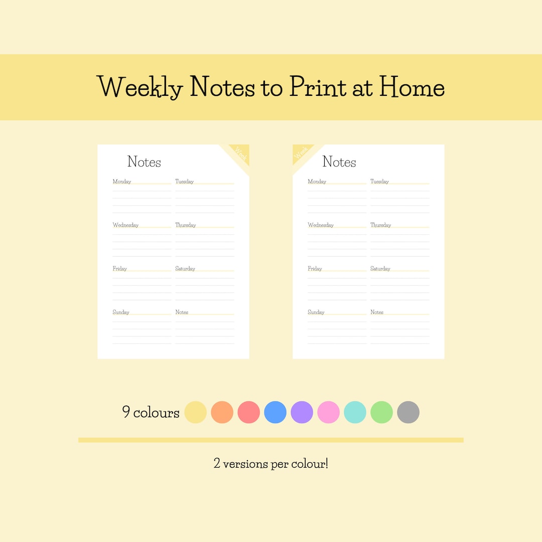 Weekly Note Print Weekly Notes to Print | English | Size A4 and US Letter | 9 Colors - Etsy