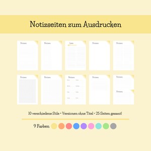 以下が含まれることがあります： 印刷可能なノートページを含むデジタルダウンロード。画像には、線、グリッド、リスト形式など、さまざまなレイアウトが表示されます。「Notizseiten zum Ausdrucken」と「10 verschiedene Stile + Versionen ohne Titel = 25 Seiten gesamt!」というテキストとカラーパレットがあります。