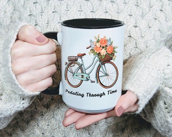 Pedaling Through Time, Bicycle Coffee Mug, Bike Lover Cup, Vintage Retro Cyclist Gift, Rider Mug, Biking, Gift For Him, Her, Birthday