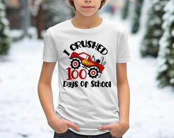 Koszulka I Crushed 100 Days of School, koszulka z ciężarówką 100 Days Celebration, koszulka Kids Fun School Milestone, koszulka Boys Girls Cute School Top