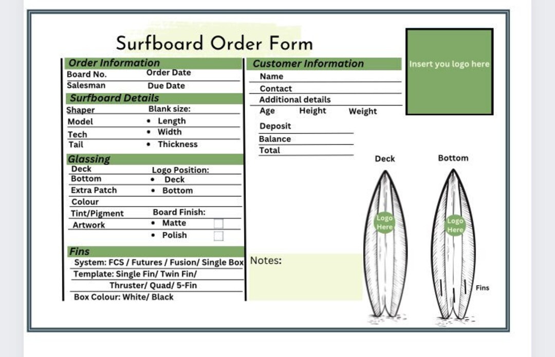 Surfboard Order Form Template Etsy