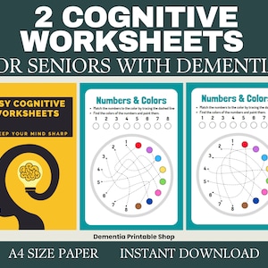May include: Two printable cognitive worksheets for seniors with dementia. Each worksheet features a number matching activity with a colorful circle design. The worksheets are titled "Numbers & Colors" and are designed to help keep the mind sharp.