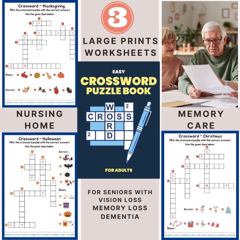 3 Crossword Puzzles, Activity for Seniors Large Print, Easy Worksheets
