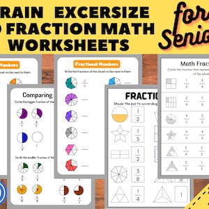 10 Cognitive Worksheets, Fraction Math ,Activity Seniors, Easy Worksheet, for elderly with Alzheimer’s, Dementia, Parkinson, Nursing Home