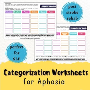 May include: Categorization worksheets for aphasia, featuring a colorful grid with categories like professions, body parts, places, hobbies, shapes, and tools. The words are listed below the grid, including teacher, arm, park, painting, circle, hammer, doctor, leg, hospital, reading, triangle, wrench, chef, eye, school, swimming, square, screwdriver, firefighter, nose, library, gardening, rectangle, saw, lawyer, mouth, museum, dancing, oval, drill, nurse, ear, beach, singing, star, pliers, pilot, hand, zoo, writing, pentagon, chisel, engineer, foot, airport, hiking, hexagon, tape measure, apple, dog, shirt, chair, car, red, banana, cat, pants, table, bicycle, blue, orange, elephant, shoes, bed, bus, green, carrot, lion, mat, lamp, train, yellow, grape, rabbit, jacket, mirror, airplane, purple, tomato, fish, socks, sofa, boat, orange, cucumber, bird, scarf, blanket, motorcycle, pink, strawberry, horse, dress, clock, subway, brown.