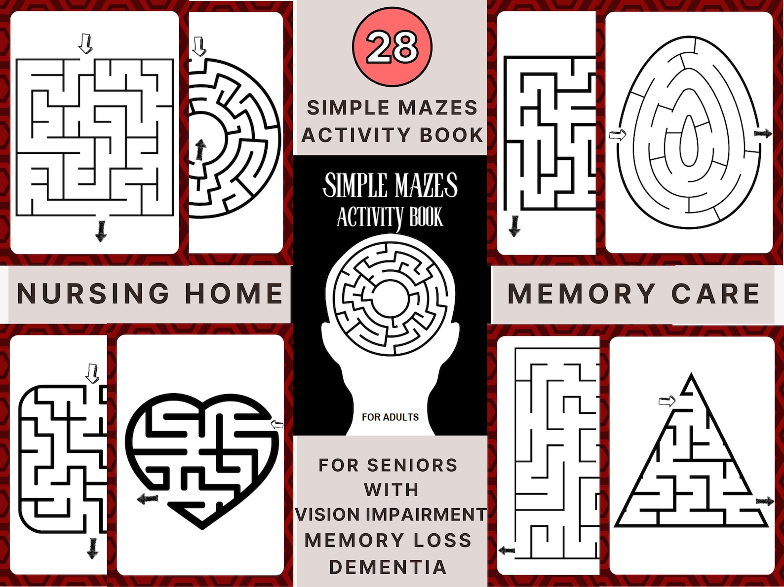 28 Simple Mazes, Activity for Seniors Large Print, 28 Easy Worksheet, for Elderly With