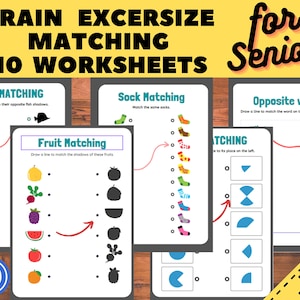 10 Cognitive Worksheets, Matching Puzzles ,Activity Seniors, Easy Worksheet, for elderly with Alzheimer’s, Dementia, Parkinson, Nursing Home