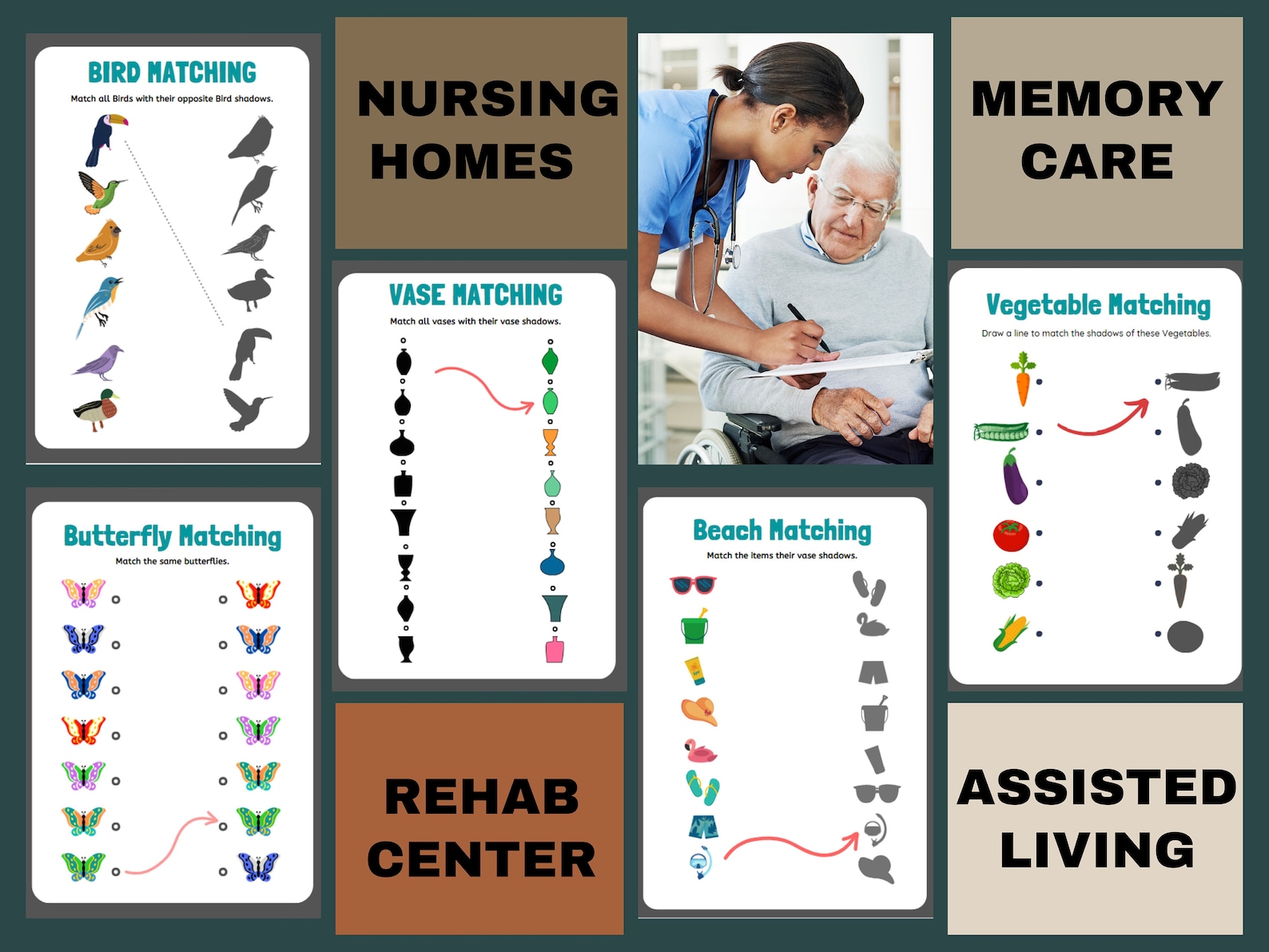 10 Cognitive Worksheets, Matching Puzzles ,activity Seniors, Easy