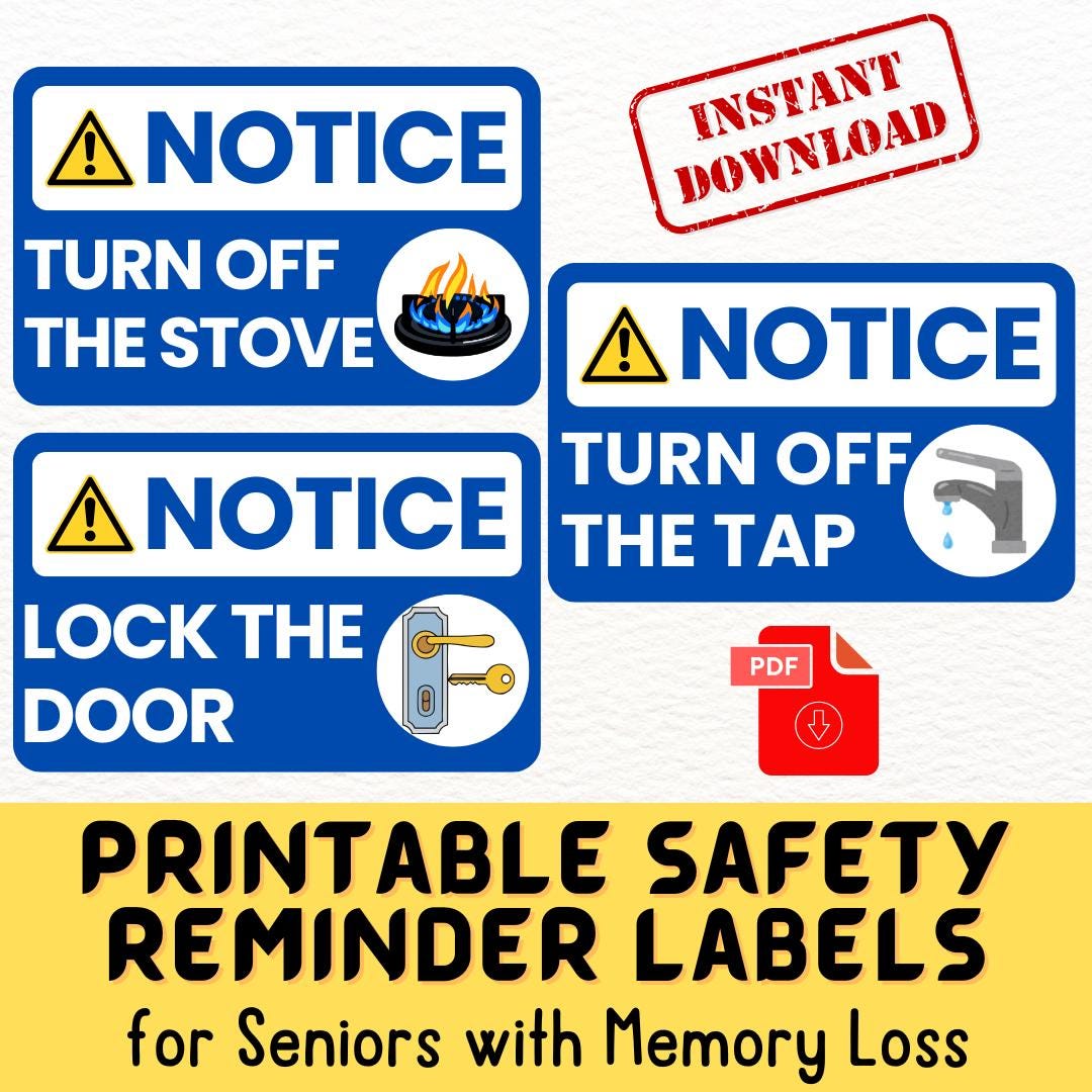 Printable Safety Reminder Labels for Seniors With Memory Loss | Tap ...