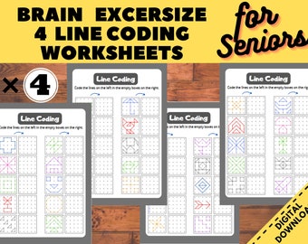 May include: Four printable worksheets for seniors to practice line coding. Each worksheet features a grid with a series of shapes on the left and empty grids on the right. The instructions read "Code the lines on the left in the empty boxes on the right."