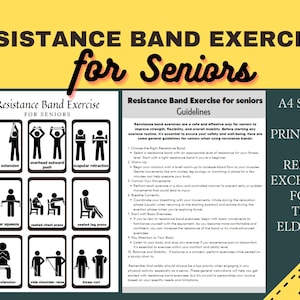 以下が含まれることがあります： 高齢者向けの抵抗バンドエクササイズの印刷可能なガイド。ポスターには、上腕三頭筋の伸展や肩のスクイーズなど、さまざまなエクササイズのイラストと、安全な使用のためのガイドラインが含まれています。