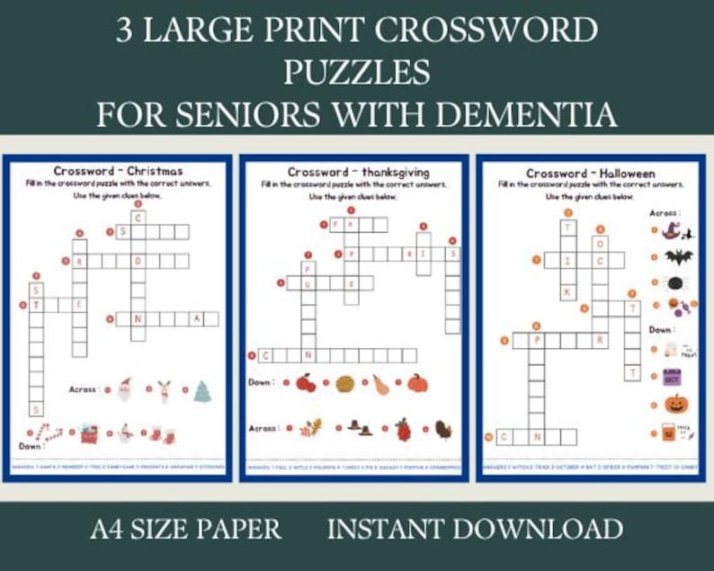 3 Crossword Puzzles, Activity for Seniors Large Print, Easy Worksheets