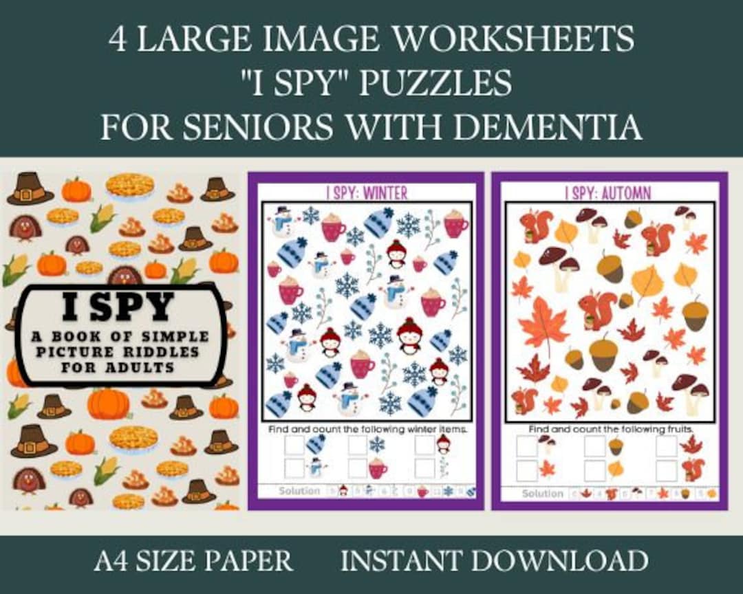 4 I Spy Puzzles for Seniors, Activity for Elderly, Large Print, Easy