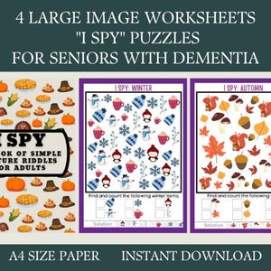 Può includere: Quattro fogli di lavoro di puzzle "Io vedo" stampabili per anziani con demenza. Ogni foglio di lavoro presenta un'illustrazione colorata con un tema invernale o autunnale. I fogli di lavoro includono una sezione "Soluzione" per contare gli elementi.
