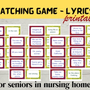 Senior lyrics Matching Game, for Nursing homes, Memory Care & Assisted Living, Elderly Brain Game for seniors, dementia cognitive worksheets