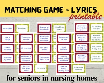 May include: A printable matching game with lyrics for seniors in nursing homes. The cards are yellow and red with white text. The lyrics are from popular songs.