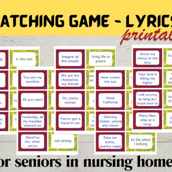 Senior lyrics Matching Game, for Nursing homes, Memory Care & Assisted Living, Elderly Brain Game for seniors, dementia cognitive worksheets