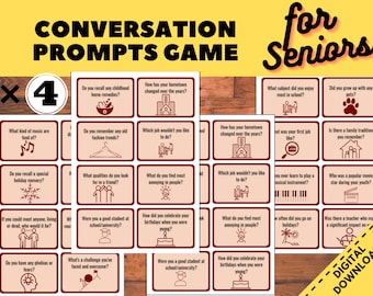 May include: A printable conversation prompt game for seniors with 4 sets of 16 cards each. The cards feature various conversation starters with icons. The game is designed to encourage conversation and reminiscing.